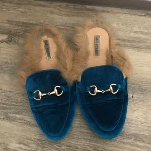 Velvet Turquoise Loafers- With fur trim.